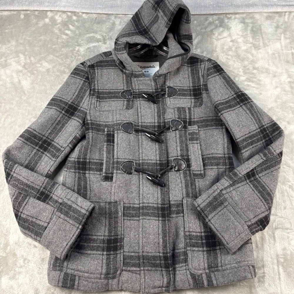 Aeropostale Duffle Coat Womens M Grey Plaid Wool Blend Toggle EUC